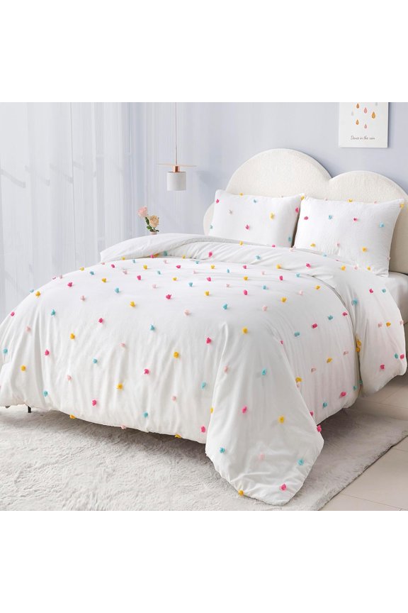 Full Size Comforter Set Colorful Tufted Pom Pom Bedding Set for Girls 3 Piece White Jacquard Quilt Bed in A Bag Lightweight Duvet Bed Set for Teen Girls Bedroom Decor with 2 Pillowcase