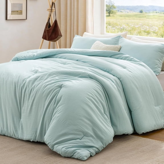 Full Size Comforter Set Light Blue, 3- 90% Polyester 10% Linen Blend Bedding Set, Linen-Look Textured Stripe, Down Alternative - Comforter with Pillow Shams