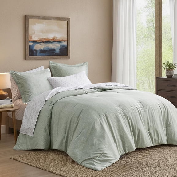 Full Size Comforter Set, Lightweight 7 count Sage Green Bed in a Bag Season Chambray Print Bedding Set Ultra Soft Comforter, Farmhouse Sheets, Pillowcase & Sham