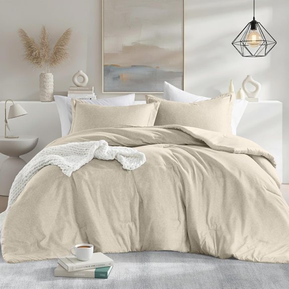 Full/ Size Comforter Set, Lightweight Neutral Soft Bedding for Seasons, 3 count Chambray Print Solid Farmhouse Bed Set, Comforter & Sham