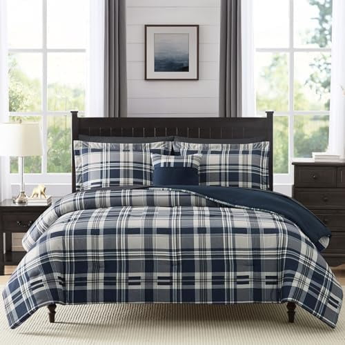 Full Size Comforter Set Navy Blue, Plaid Design Comforter Set 7 Pieces, All Season Comfortable Bedding Sets Full, Lightweight, Soft and Warm (Navy Blue, Full)