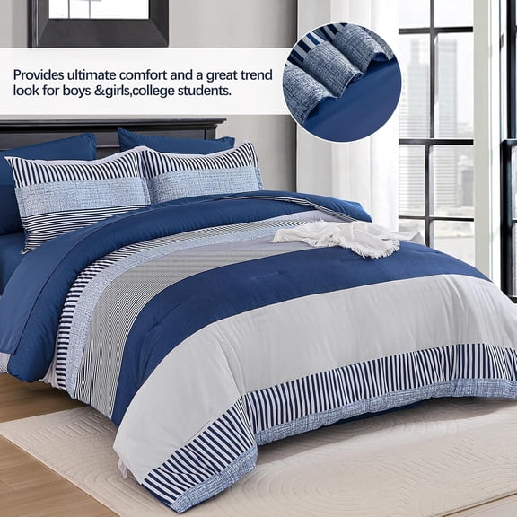 Full Size Comforter Set Navy Blue Striped Bedding for Kids Boys Girls 7 Piece Bed in a Bag