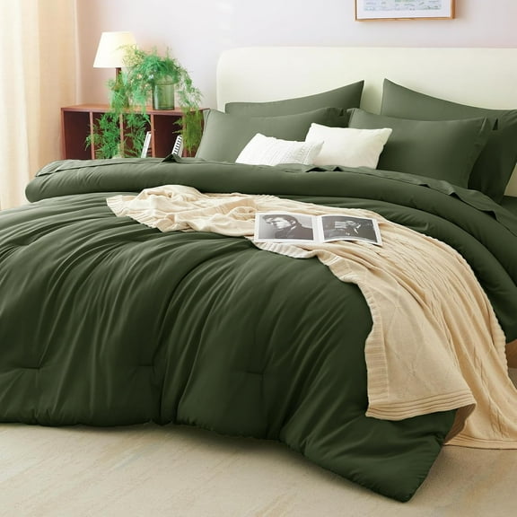 Full Size Comforter Set Olive Green, 7 Pieces Bed in a Bag Full Comforter Set with Sheets, Bedding Set with Down Alternative Comforter, Fitted Sheets, Flat Sheets, Pillow Shams and Pillowcases
