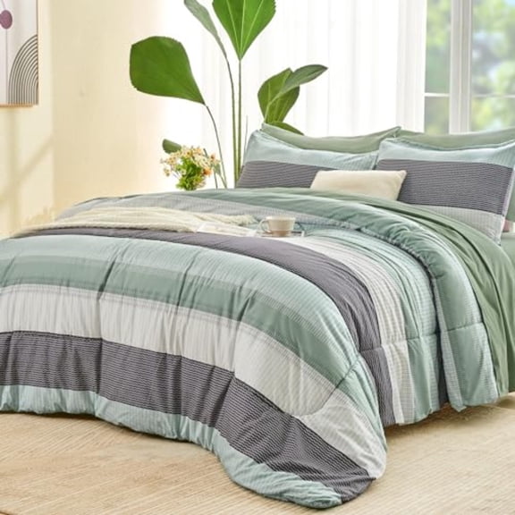 Full Size Comforter Set Sage Green - 7 Pieces Green Striped Lightweight Bed in a Bag Soft Microfiber Reversible Bedding Set with Comforter Fitted Flat Sheet Pillowcases Shams