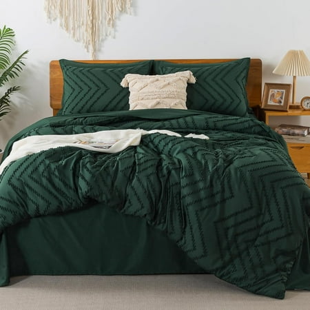Full Size Comforter Set with Sheets Dark Emerald Green - 7 Pieces Bed in a Bag Full Chevron Tufted Complete Beddding Sets with Comforter, Sheets, Pillowcases & Shams