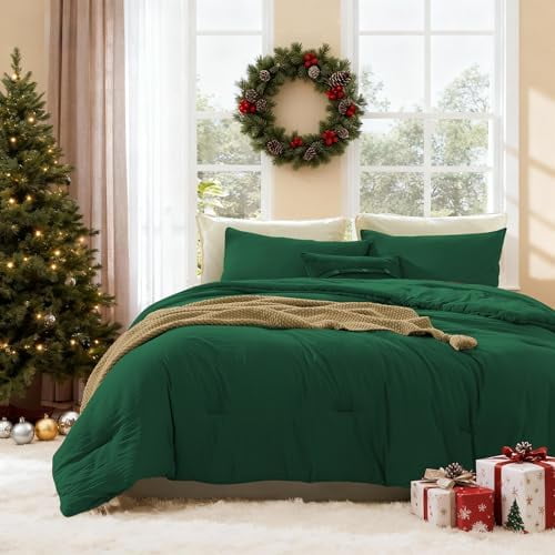 Full Size Comforter Sets - 3 Pieces Emerald Green Comforter Prewashed Soft Lightweight for All Seasons, Fluffy Down Alternative Comforter Full Size with 2 Pillow Shams