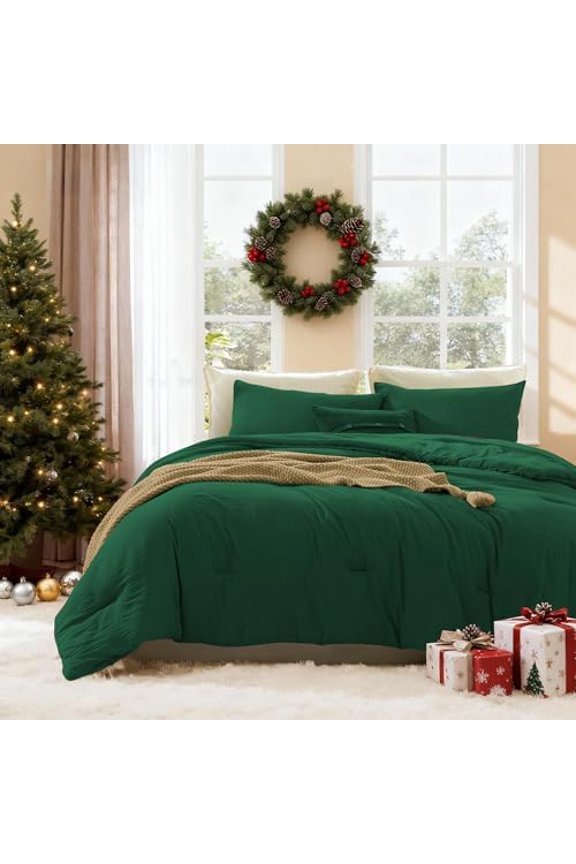 Full Size Comforter Sets - 3 Pieces Emerald Green Comforter Prewashed Soft Lightweight for All Seasons, Fluffy Down Alternative Comforter Full Size with 2 Pillow Shams