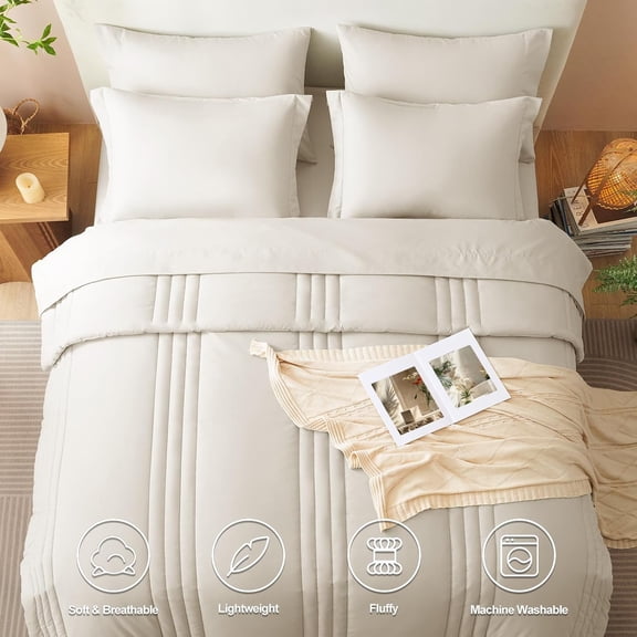 Full Size Comforter Sets - 7 Piece Bed in a Bag Beige Comforter Set with Sheets Luxury Bed Set All Seasons, Soft Bedding Set with Down Alternative Comforter, Sheets, Pillowcases & Shams
