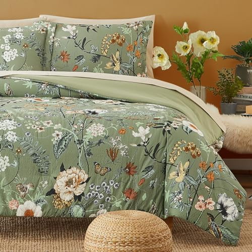 Full Size Comforter Sets-7 Pieces Green Floral Bedding Sets, Bed in a Bag Full with Botanical Butterfly Comforter, Sheets, Pillowcases & Shams for All Seasons