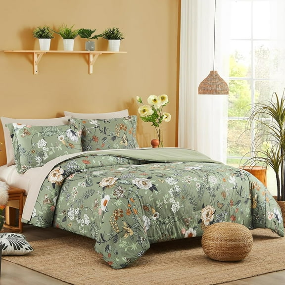 Full Size Comforter Sets-7 Pieces Green Floral Bedding Sets, Bed in a Bag Full with Botanical Comforter, Sheets, Pillowcases & Shams for All Seasons