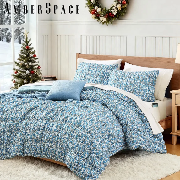Amberspace Puff 7-piece Bed in a Bag Comforter Set with Sheets,Bluebell,Full