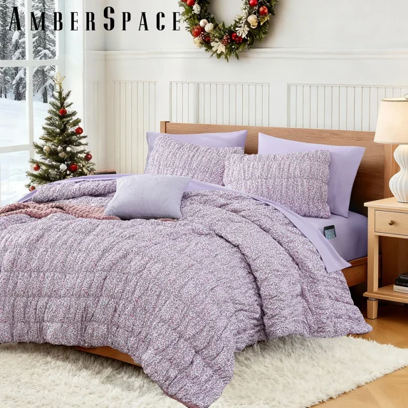 Amberspace Puff 7-piece Bed in a Bag Comforter Set with Sheets,Pink,Full