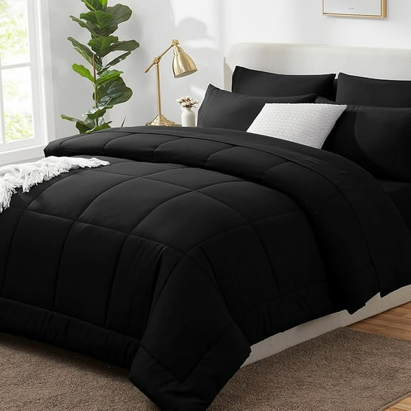 Full Size Comforter Sets Black, 7 Pieces Bed in a Bag, Black Comforter Full Size, All Season Bedding Sets with Stitch Quilted Comforter, Flat Sheet, Fitted Sheet, Pillowcases