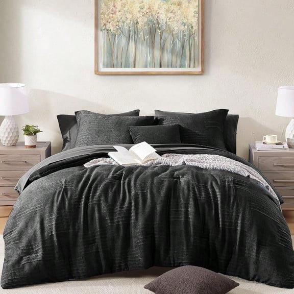 Full Size Comforter Sets Black Textured Design Crinkle Bedding Sets 7 Pieces All Season Bed in A Bag with Comforter Sheets Pillowcases Shams