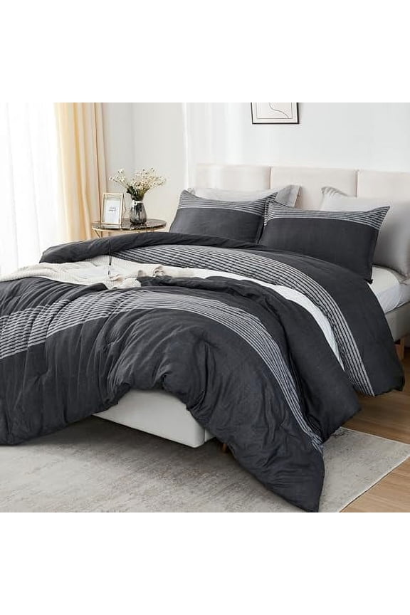 Full Size Comforter Sets Black White Grey - 3 Pieces Lightweight Bedding Set, All Season Down Alternative Comforter (1 Comforter, 2 Pillowcases)