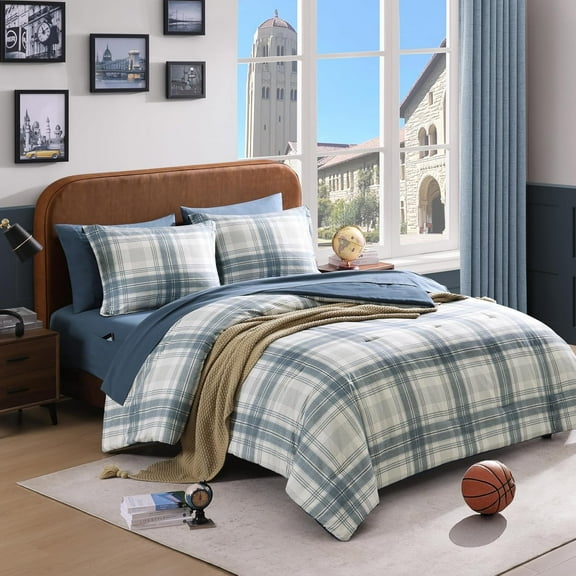 Full Size Comforter Sets, Blue Grey Plaid Bedding Set 7 Piece for Boys Girls Teen, Classic Homestead-Style Kids Comforter Set Bed in A Bag with Sheets, Pillowcases & Shams