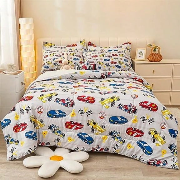 Full Size Comforter Sets for Boys 8 Pieces Bed in a Bag Racing Car Bedding Comforter Sheet Set with Shams and Decorative Toy Pillow Ultral Soft Microfiber Bed Set