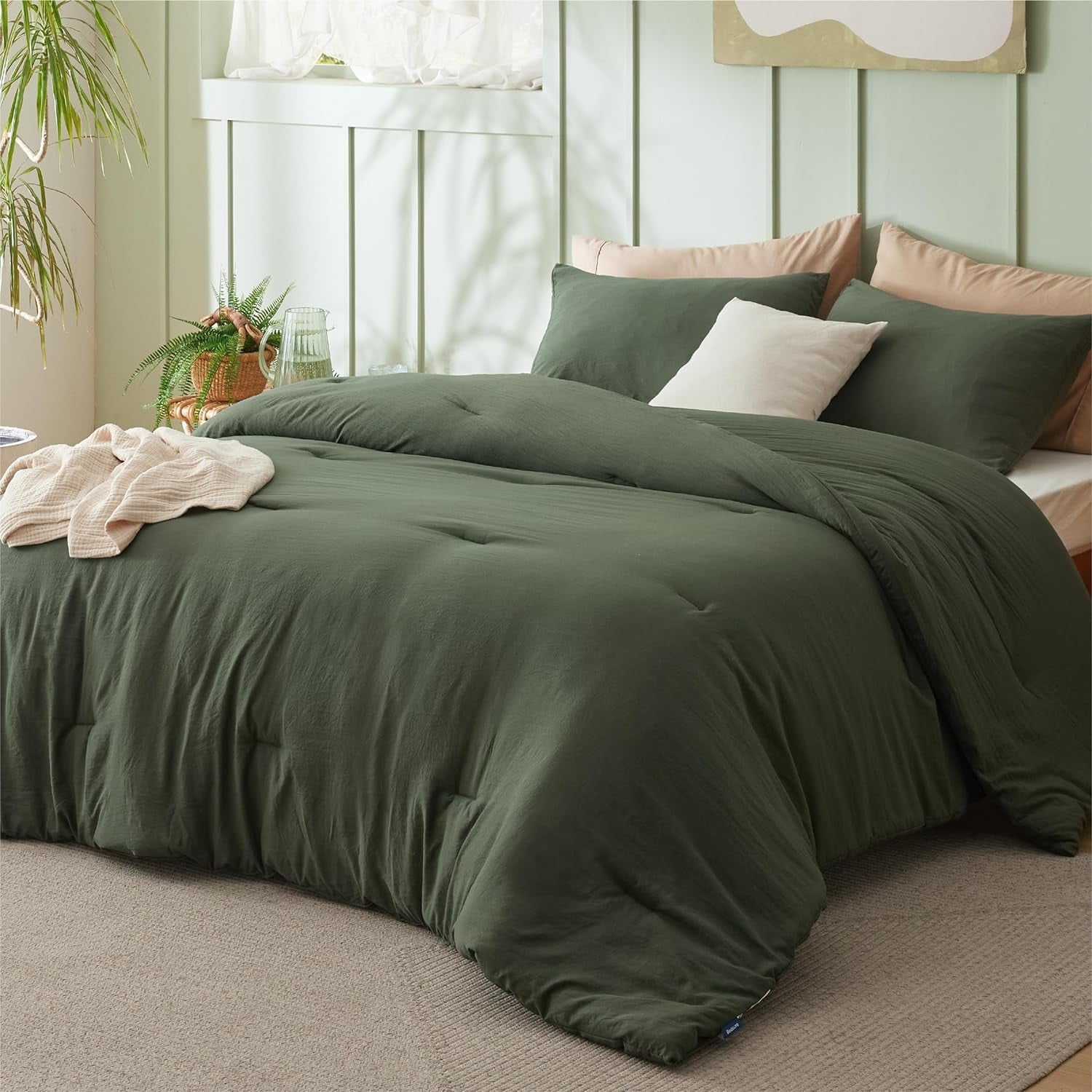 Full Size Comforter Sets, Dark Green Soft Prewashed Bed Comforter for ...