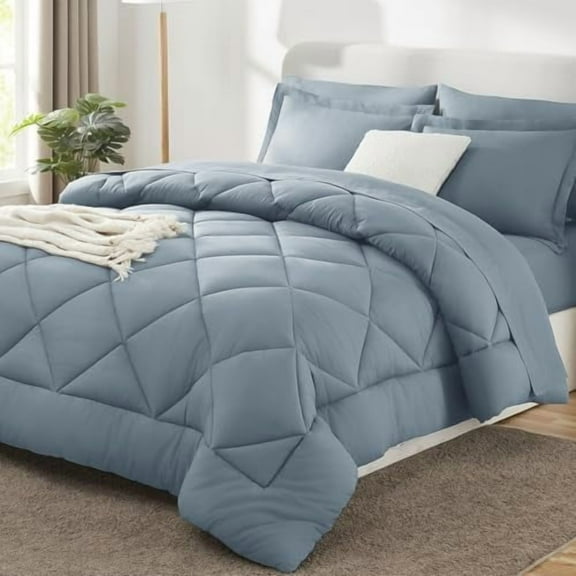 Full Size Comforter Sets Dusty Blue - 7 Pieces Bed in a Bag Full, Luxury Soft Bed Set for All Seasons, Bedding Set with Down Alternative Comforter, Sheets, Pillowcases & Shams, Grayish Blue