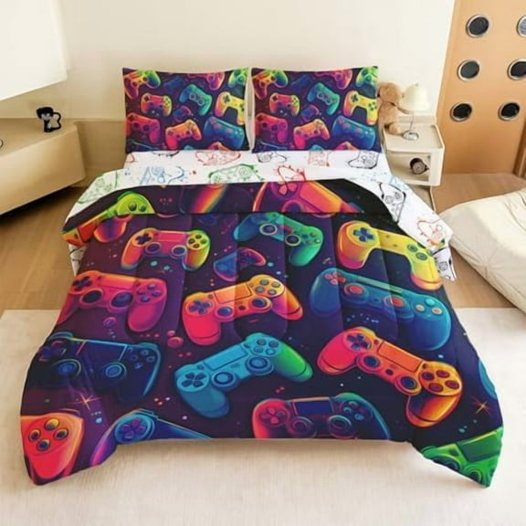 Full Size Comforter Sets Gaming Bedding Set Video Game Bed in A Bag 5-Piece,Full Size Comforter Sets for Boys Gamer Bedding Set for All-Season