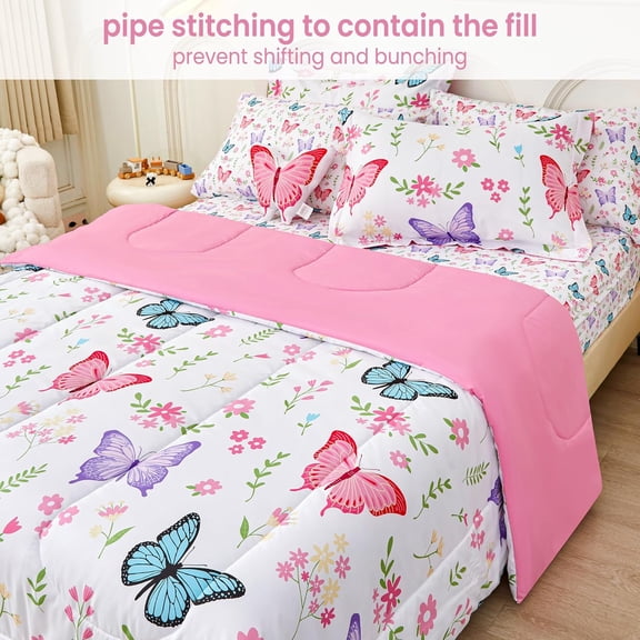 Full Size Comforter Sets for Girls Kids, 8 Pieces Bed in a Bag Flower Butterfly Bedding Comforter Sheet Set with Shams and Decorative Toy Pillow, Ultral Soft Microfiber Kids Bed Set