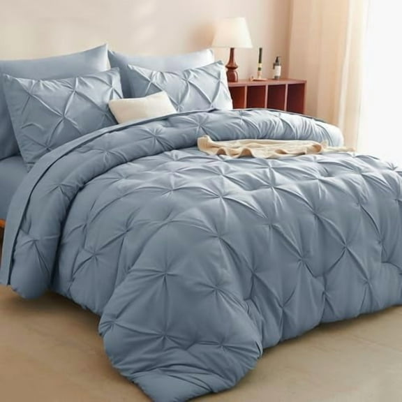 Full Size Comforter Sets Grayish Blue, 7 Pieces Pintuck Bed in A Bag Blue Comforter Full Size, Pinch Pleat Bedding Sets with All Season Comforter, Sheets, Pillowcases & Shams