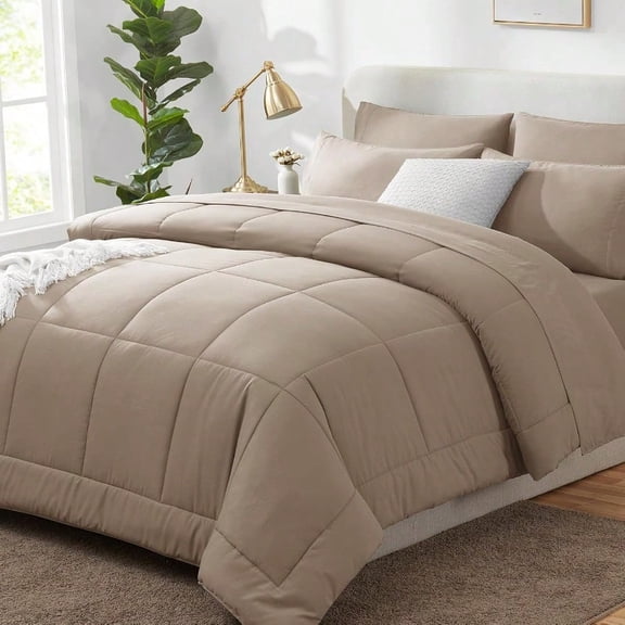 Full Size Comforter Sets Khaki 7 Pieces Bed in a Bag Khaki Comforter Full Size All Season Bedding Sets with  Quilted Comforter Flat Sheet Fitted Sheet Pillowcases