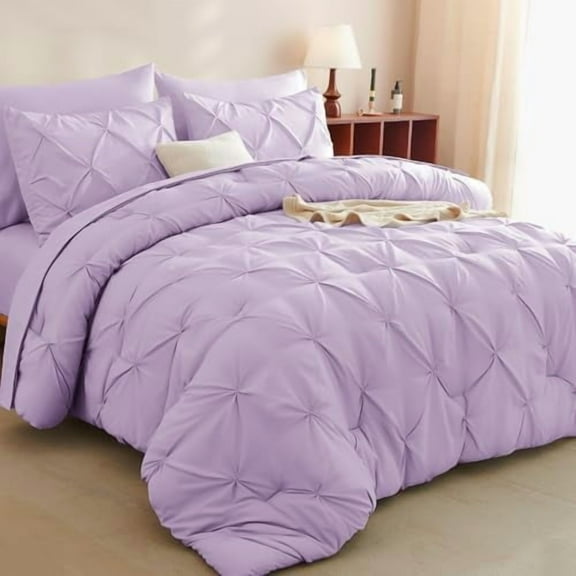 Full Size Comforter Sets Lavender, 7 Pieces Bed in A Bag Light Purple Comforter Full Size, Pinch Pleat Bedding Sets with All Season Comforter, Sheets, Pillowcases & Shams