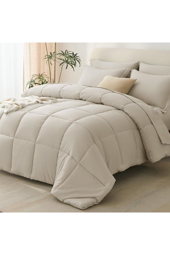 Full Size Comforter Sets Oatmeal - 7 Pieces Bed in a Bag Full, Oeko-Tex Certified Bed Set, All Season Soft Bedding Set with Down Alternative Comforter, Sheets, Pillowcases & Pillow Shams