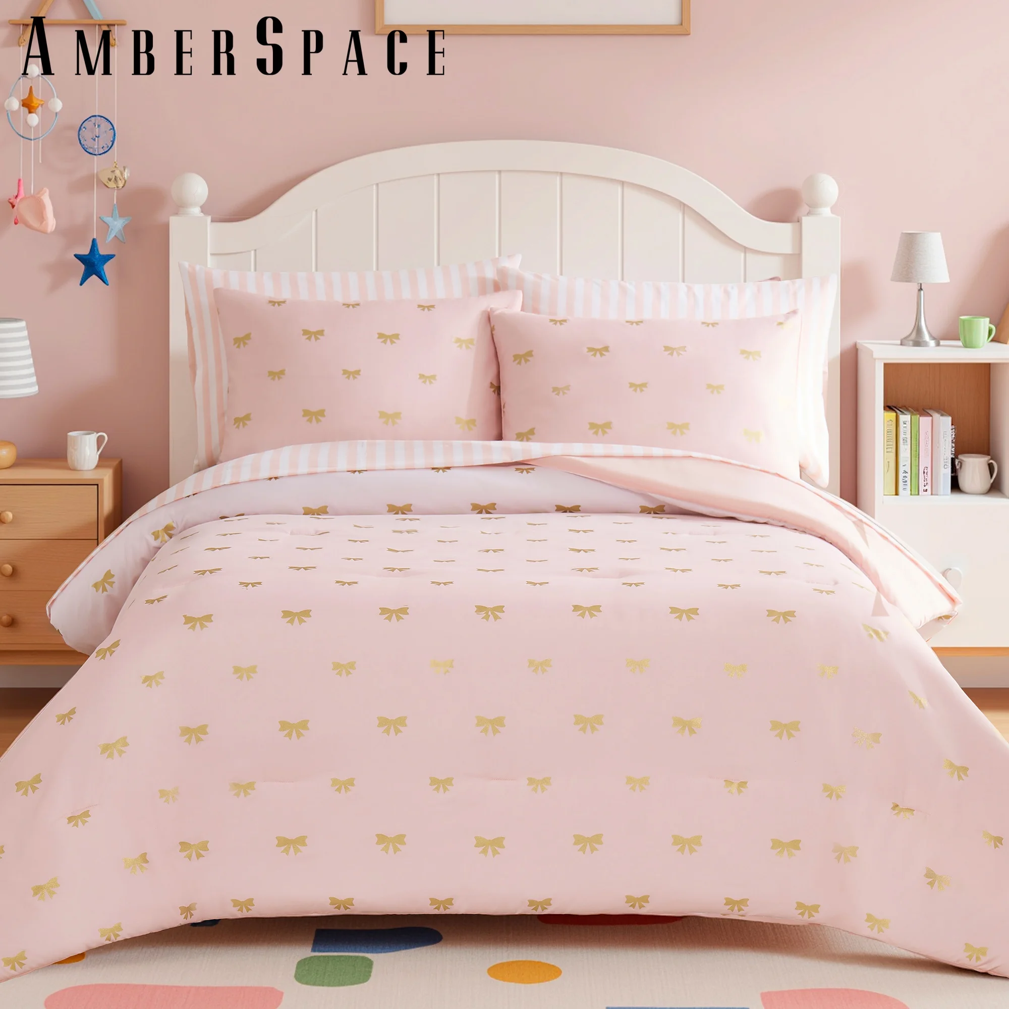 Amberspace gold foil Design 7-piece Bed in a Bag Comforter Set with Sheets,Pink/Bow Knot,Full