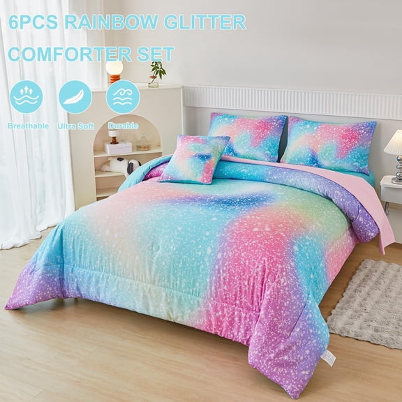 Full Size Comforter Sets for Kids Girls 6 Pieces Pink Green Ombre Rainbow Bedding Set Colorful Tie Dye Glitter Teen Girls Bed in A Bag