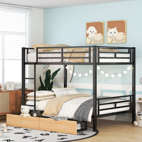 Full Size Convertible Bunk Bed, Metal Frame with 2 Storage Drawers, Converts to Two Daybeds, No Box Spring Needed, for Bedroom, Black