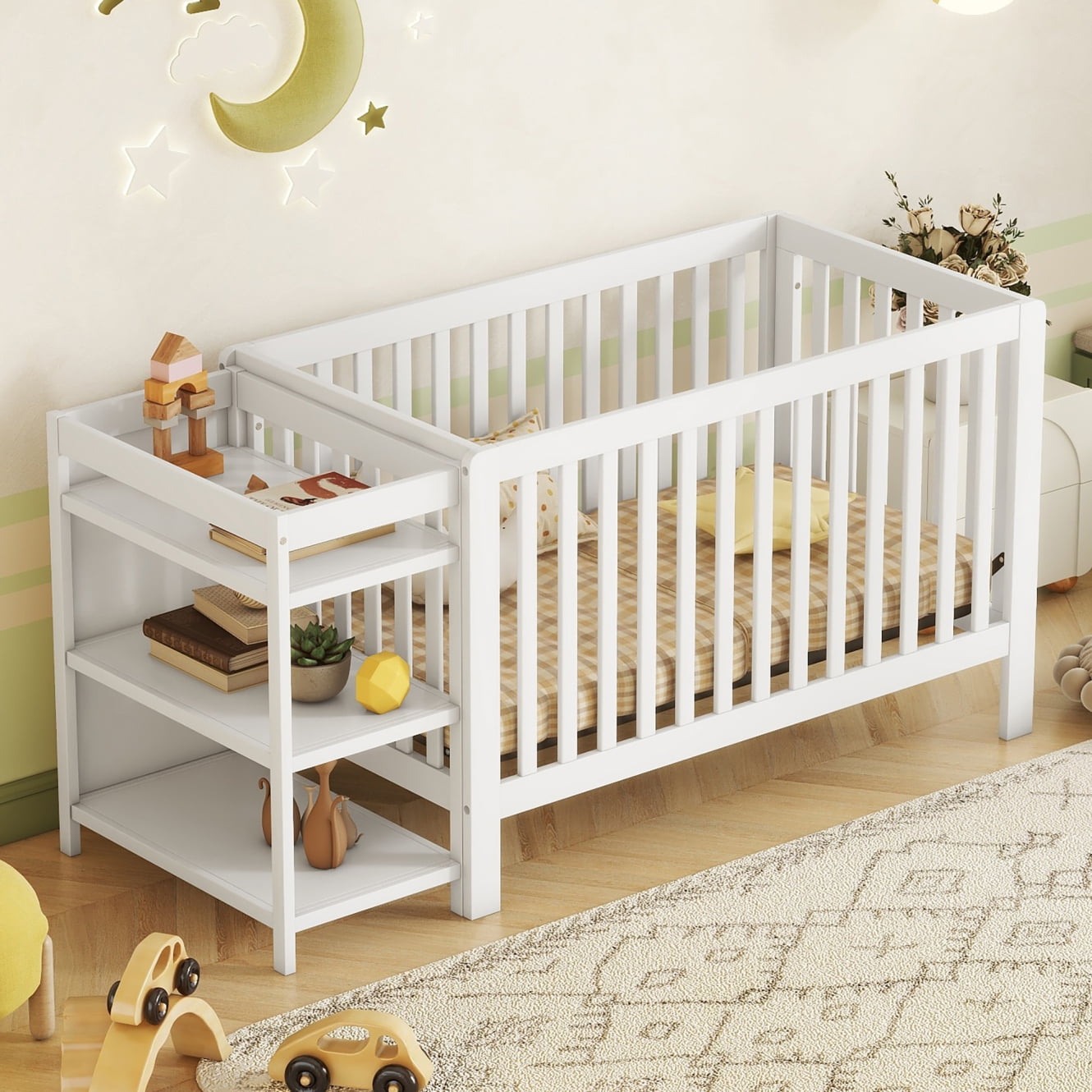 Full Size Convertible Crib Bed with Solid Wooden Frame Railing on All