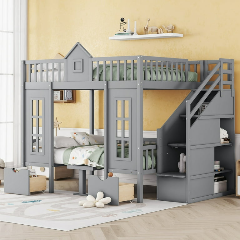Full Size Convertible Loft Bed for Kids Full Over Full Bunk Bed with Desk Storage Stairs 2 Storage Drawers Full Length Guardrail Solid Wood Castle Shaped Bunk Bed Frame for Boys
