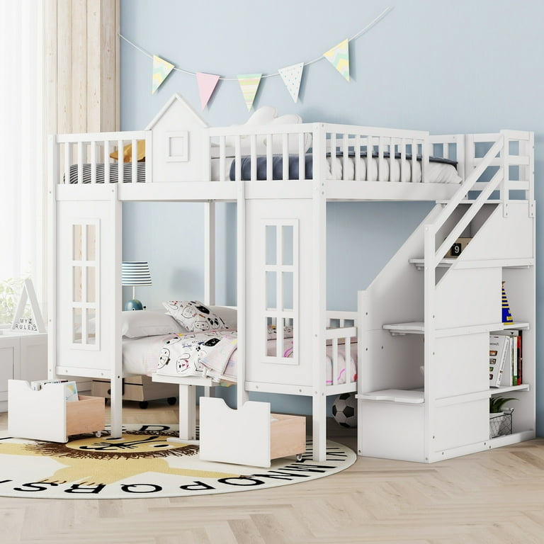 Full Size Convertible Loft Bed for Kids Full Over Full Bunk Bed with Desk Storage Stairs 2 Storage Drawers Full Length Guardrail Solid Wood Castle Shaped Bunk Bed Frame for Boys