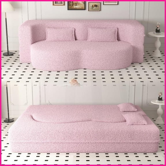 Full Size Convertible Teddy Fabric Sleeper Sofa Bed with 2 Pillows No Assembly for Living Room, Guest Room | Pink | Teddy | Foam