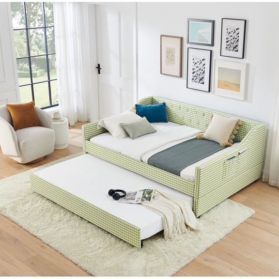 Full Size Convertible Upholstered Daybed with Tufted Backrest, 3-in-1 Multi-Functional Sofa Bed with Trundle and Side Storage, Green