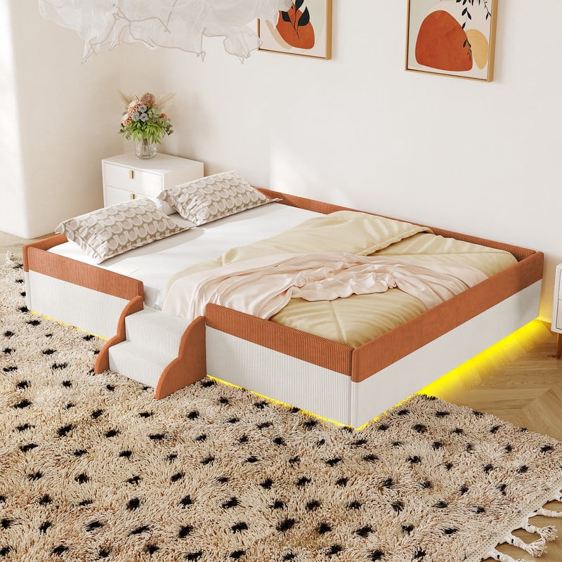 Full Size Corduroy Upholstered Floor Bed Frame with Fence, Kids Low-Profile Platform Bed with 2-Tier Steps & Smart LED Lights