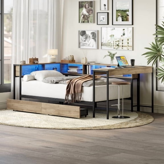 Full Size Corner Bed Frame with Bookcase & 2 Underbed Storage Drawers, Modern Bed with LED Light and Charging Station, Left and Right Interchangeable, Grey