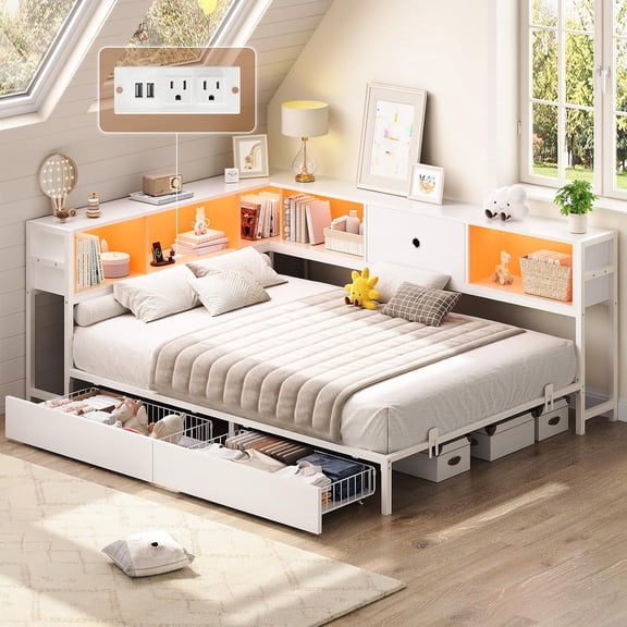 Full Size Corner Bed Frame with Bookcase Storage,Full Daybed with Charging Station,Platform Bed Frame with Led Lights and Storage Drawers for Living Room,Bedroom,Guest Room,Easy Assemble,White