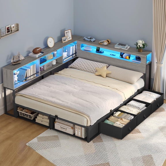 Full Size Corner Bed Frame with Bookcase Storage & Led Lights,Metal Platform Bed Frame with Storage Drawers and Charging Station,Daybed for Living Room,Bedroom,Guest Room,Black