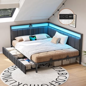 Full Size Corner Bed Frame with 2 Storage Drawers & Charging Station & LED Lights, Full Upholstered Platform Bed Frame Daybed for Bedroom, Gray