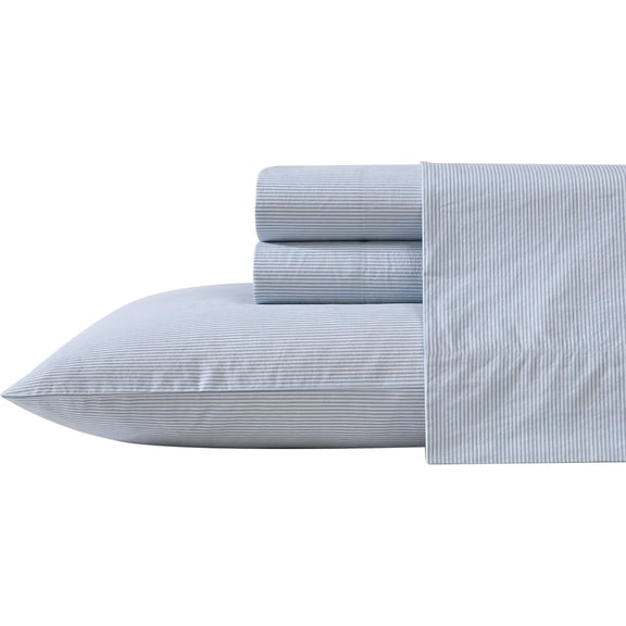 Full Size Crisp Cotton Percale Sheet Set with Pillowcases Deep Pocket Lightweight Breathable Color Penny Pinstripe Blue