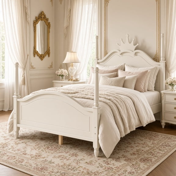 Full Size Crown Shaped Platform Bed, Four Poster Wooden Bed Frame with Curved Headboard, No Box Spring Needed, for Bedroom, Beige