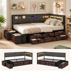 Full Size Day Bed with Storage, Daybed Frame with 6 Drawers, 2 Side Bins, Charging Station and LED Light, Grey