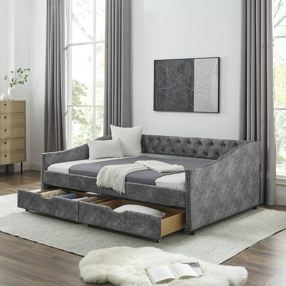 Full Size Daybed with 2 Drawers, Button Tufted Upholstered Sofa Bed, with Copper Nail on Waved Shape Arms, Wood Bed Frame for Living Room, Bedroom, Apartment, Grey