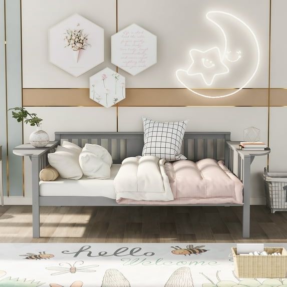 Full Size Daybed with 2-Side Small Folding Tables, Wooden Sofa Bed Frame with Three Sides Guardrails, Dual-use Daybed Suitable for Bedroom and Living Room, No Box Spring Required, Gray