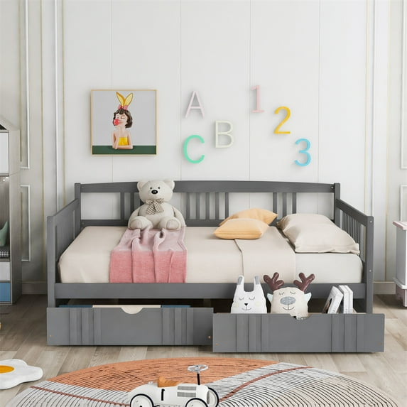 Full Size Daybed with 2 Storage Drawers, Solid Wood Bed Frame with Safety Rails, Dual-use Sturdy Full Bed for Living Room, Guest Room, Children Room, No Box Spring Required, Gray