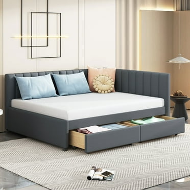Full Size Daybed with 2 Storage Drawers, Upholstered Corner Bed with Storage, Modern L-Shape Daybed Sofa Bed Fram, Linen Fabric, No Box Spring Needed, Grey
