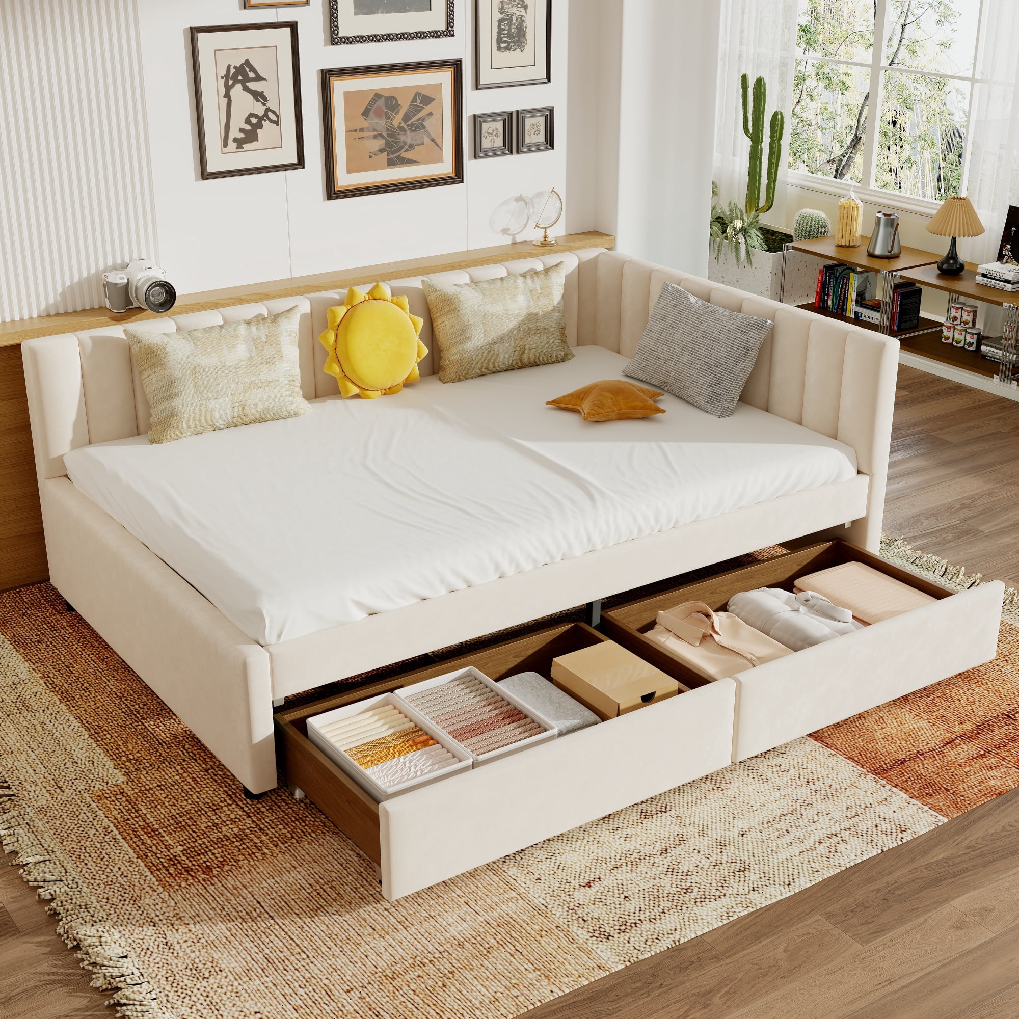 Full Size Daybed 79.1 Inch, Upholstered Corner Bed with L Shaped Headboard and 2 Storage Drawers for Living Room Guest Room, Beige